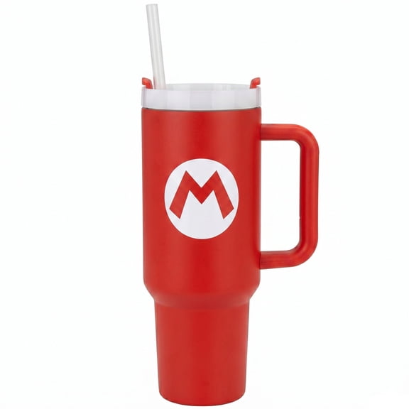 Nintendo: Super Mario: Mario Icon - 40 oz Tumbler - Red, Stainless Steel, Straw & Lid, Grip Handle, Hot & Cold Drinks, Licensed Insulated Travel Cup