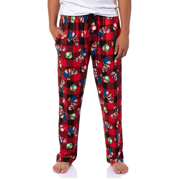 Super Mario Men's Buffalo Plaid Mario Power Up Adult Lounge Sleep Pajama Pants with Drawstring Elastic Waistband