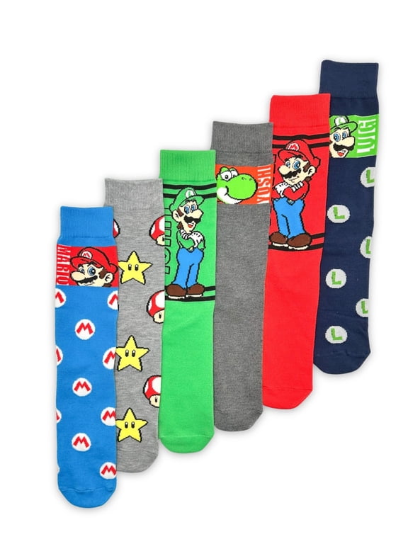 Super Mario Men's Casual Crew Socks, 6-Pack, Size 8-12