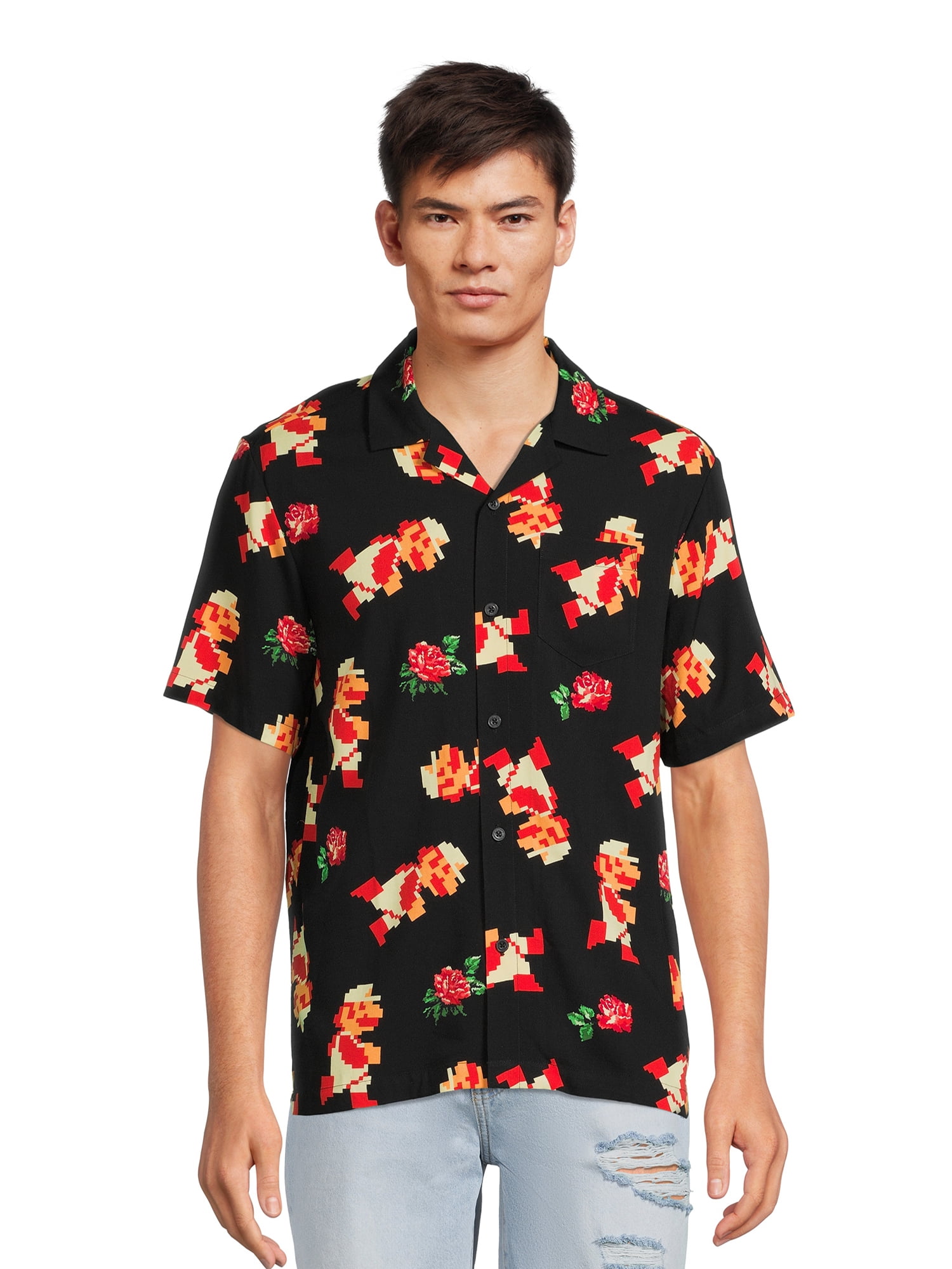 Super Mario Men's Floral Graphic Button Up Shirt, Size S-3XL - Walmart.com