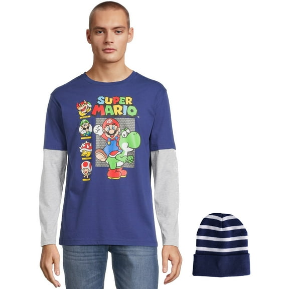 Super Mario Men's and Big Men's Long Sleeve Graphic T-Shirt and Beanie Hat Gift Set, Sizes S-3XL