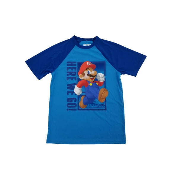 Super Mario Nintendo Boys Blue Raglan Graphic Tee Poly T-Shirt Large