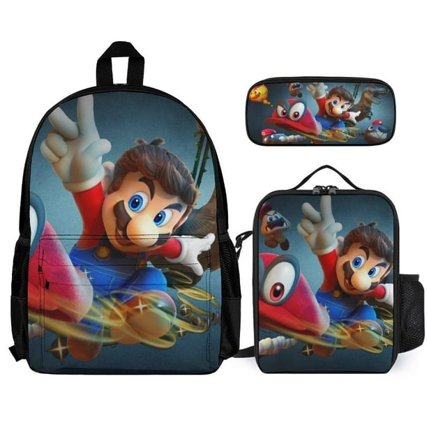 Super Mario Odyssey Backpack 3 Pieces Set With Pencil Case Lunch Bag Shoulders School Bag Lunch Box Pen Bag Daypack Bookbag