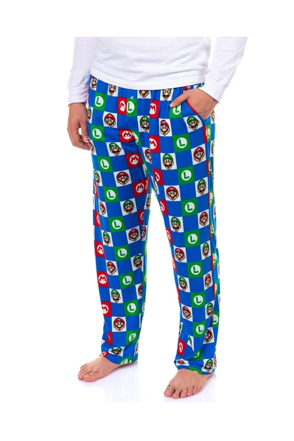 Super Mario Pajamas Men's Character Logo Checkered Lounge Sleep Pants