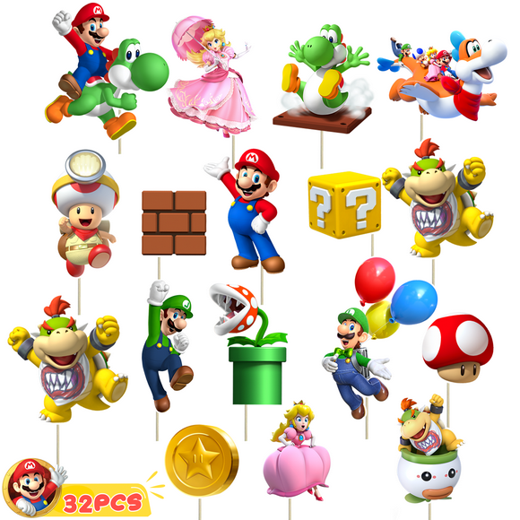 Super Mario Party Decorations Photo Props with Stick,32pcs Mario Photo Booth Props/Super Mario Photo Props/Mario Party Photo Booth Props, for Boys/Girls Super Mario Birthday Party Supplies