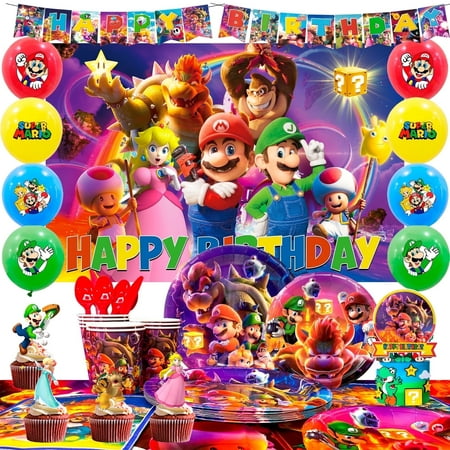Super Bros Party Supplies, 112pcs Marioo Birthday Decorations & Tableware Set - Marioo Balloons Banner Backdrop & Party Table Cloth Plates Cups etc Marioo Birthday Party Supplies