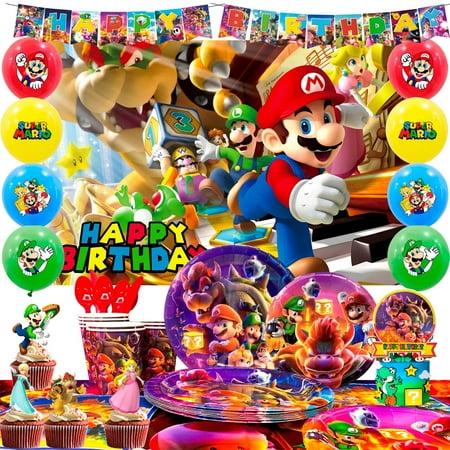 Superr M-ario Party Supplies, 112pcs M-ario Birthday Decorations & Tableware Set - M-ario Balloons Banner Backdrop & M-ario Party Table Cloth Plates Cups etc Super Bros Birthday Party Supplies