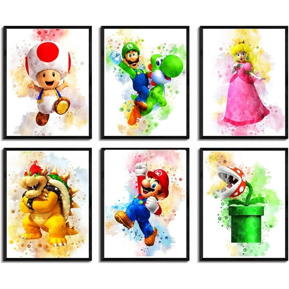 Super Mario Poster MarioWatercolor Prints Wall Art Decor Kids Game Canvas Art HD Print Painting Room Aesthetics Decor 8X10 inch Set of 6 Unframed