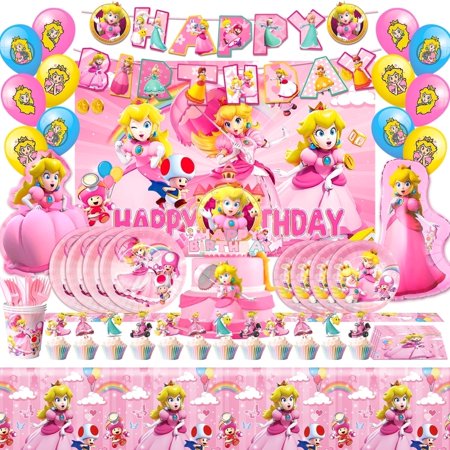 Mario Princess Peach Birthday Party Supplies, 122pcs Princess Peach Party Decorations & Tableware Set Including Princess Peach Cake Topper Backdrop Napkins etc Princess Peach Themed Supplies