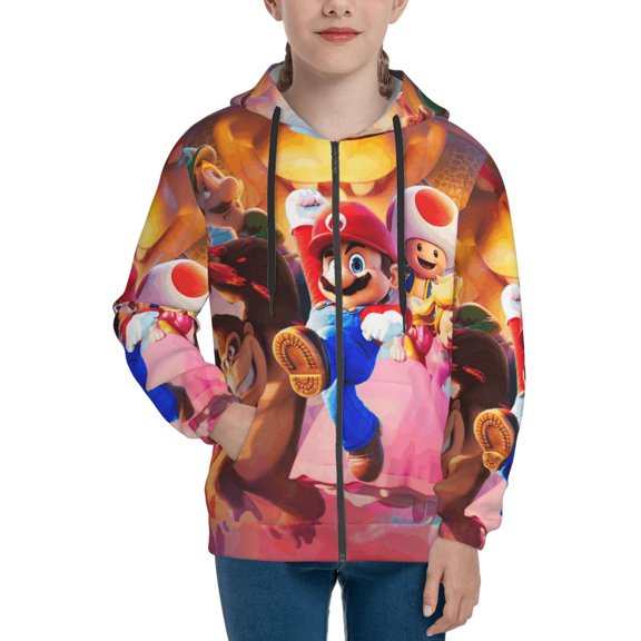 Super Mario Princess Peach Boys Girls Zip Up Hoodies 3D Print Hooded Zipper Sweatshirts with Pockets