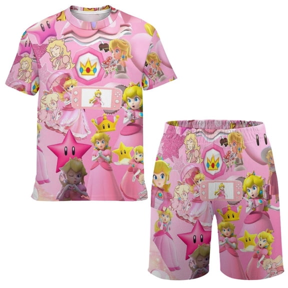 Super Mario Princess Peach Boys Short Sleeve Mesh T-Shirt And Shorts Outfit Set Summer Clothes Set for Kids