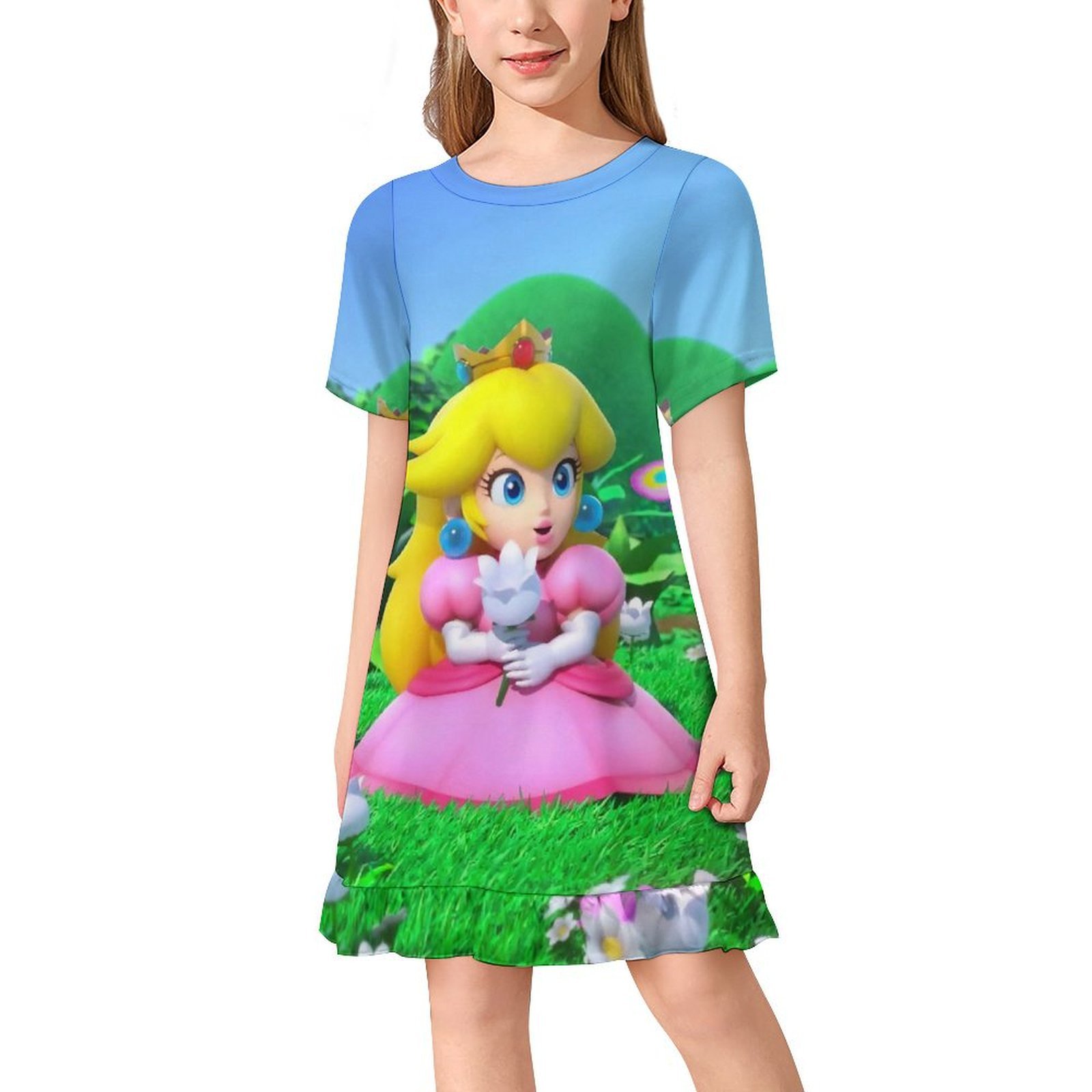 Super Mario Princess Peach Girls Short Sleeve Dress A Line Twirly ...