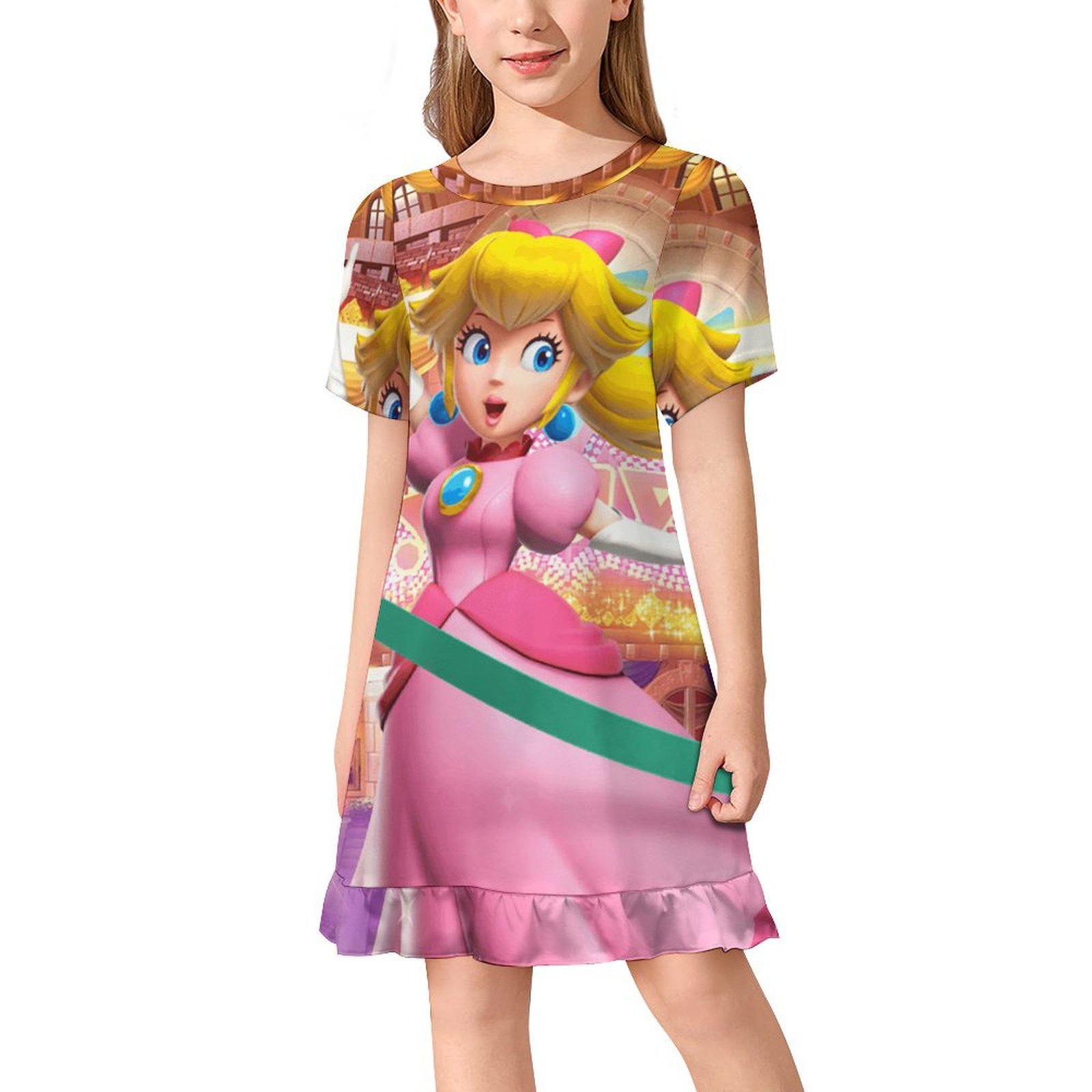 Super Mario Princess Peach Girls Short Sleeve Dress A Line Twirly ...