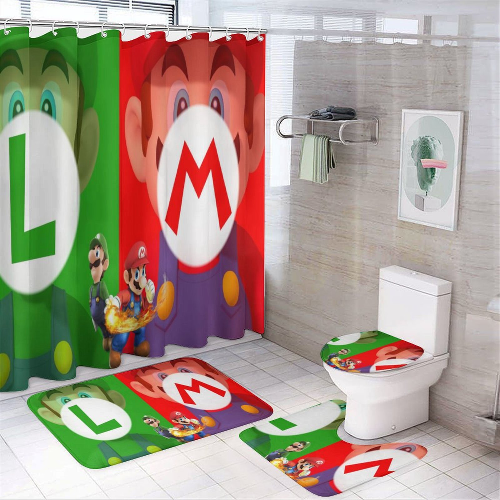 Super Mario Shower Curtain Set with Rugs Toilet Lid Cover, Shower ...