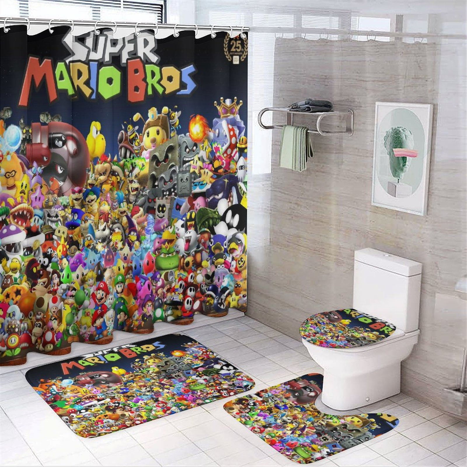 Super Mario Shower Curtain Set with Rugs Toilet Lid Cover, Shower ...