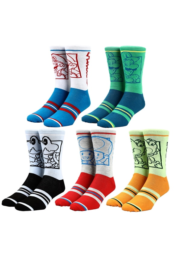 Super Mario Split Mens Collectible  Crew Sock 5 pack