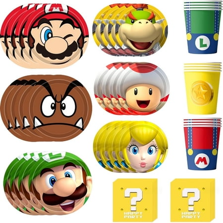 Superr Marioo Tableware, 120pcs Mario Birthday Decorations Tableware Set Including Mario Party Plates,Mario Paper Plates Napkins Cups, for Mario Theme Party Tableware for Boys/Girls (Serves 30)