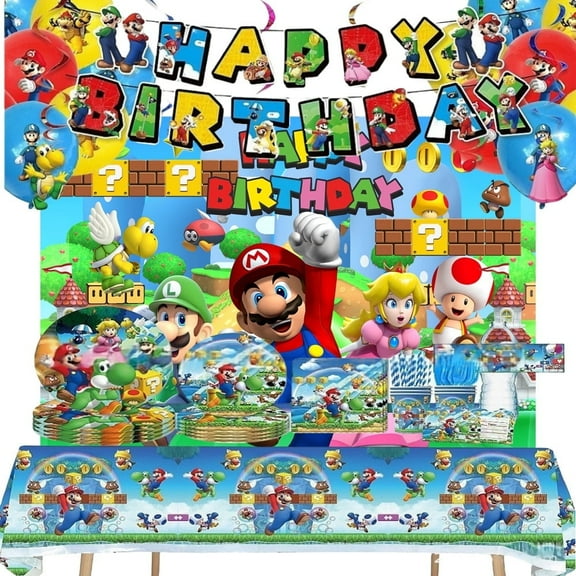 Mario Bros Theme Party Decorations Tableware Set , 125PCS Mario Bros Birthday Plates and Cups Napkins Tablecloth Mario Bros Birthday Decorations Tableware