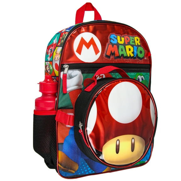 Super Mario Unisex Padded Shoulder Straps Backpack Water Bottle Pencil Case Lunch Box, Multicolor