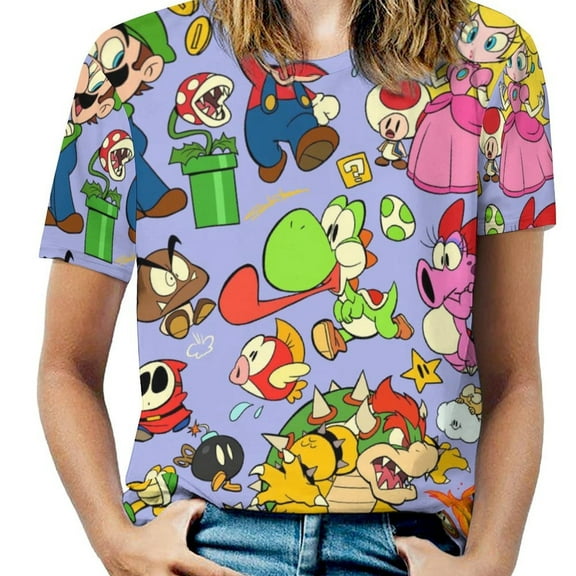 Super Mario Women's Casual T-shirts Crew Neck Short Sleeve Tee Shirts Trendy Tops for Outdoor Summer S