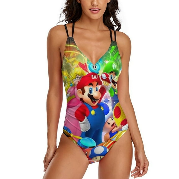 Super Mario Womens One-Pieces Swimsuit Sexy CirssCross Swimwear Printing Bathing Suits 2XL