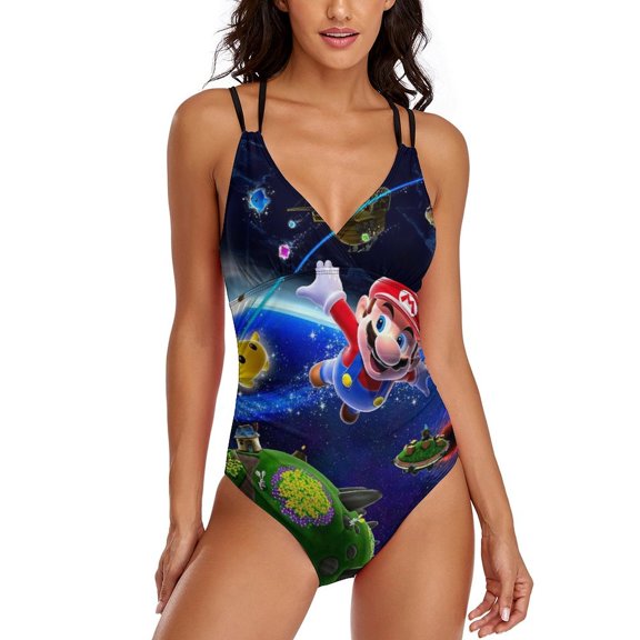 Super Mario Womens One-Pieces Swimsuit Sexy CirssCross Swimwear Printing Bathing Suits M