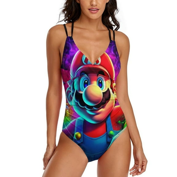 Super Mario Womens One-Pieces Swimsuit Sexy CirssCross Swimwear Printing Bathing Suits S