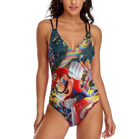 Super Mario Womens One-Pieces Swimsuit Sexy CirssCross Swimwear Printing Bathing Suits XL