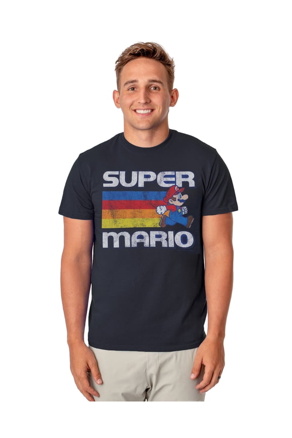 Super Mario World T-Shirt Men's Distressed Rainbow Stripe Graphic Tee