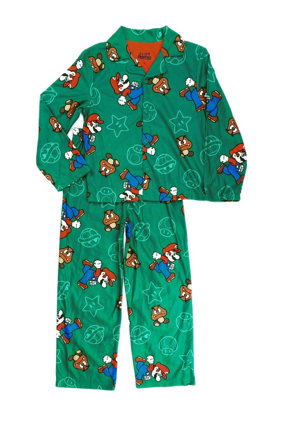 and Goombas Print Flannel Character Button-Down Pajama Set (Size 8)