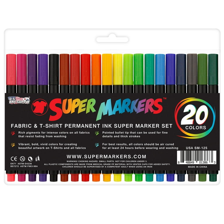 Super Markers 20 Color Premium Fabric & T-Shirt Marker Set with Our Unique  Fine tip Bullet Point Tip 