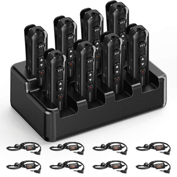 Super Mini Walkie Talkies Pro Two Way Radio with Earpieces, Rechargeable Portable Communication Set for Restaurants, Hotels, Supermarkets, Team Events, Baseball, 8 Pack,8 Way Multi Unit Charger