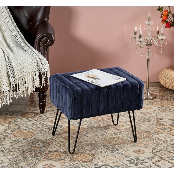 Super Mink Faux Fur Dark Blue Ottoman Bench, 19"x13"x17", Parisian Night, Living Room Foot Rest Stool, Entryway Makeup Bench, End of Bed Bedroom Home Decor Chair