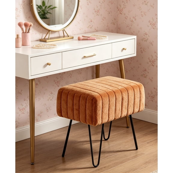 Super Mink Faux Fur Orange Ottoman Bench, 19"x13"x17", Honey Ginger, Living Room Foot Rest Stool, Entryway Makeup Bench, End of Bed Bedroom Home Decor Chair