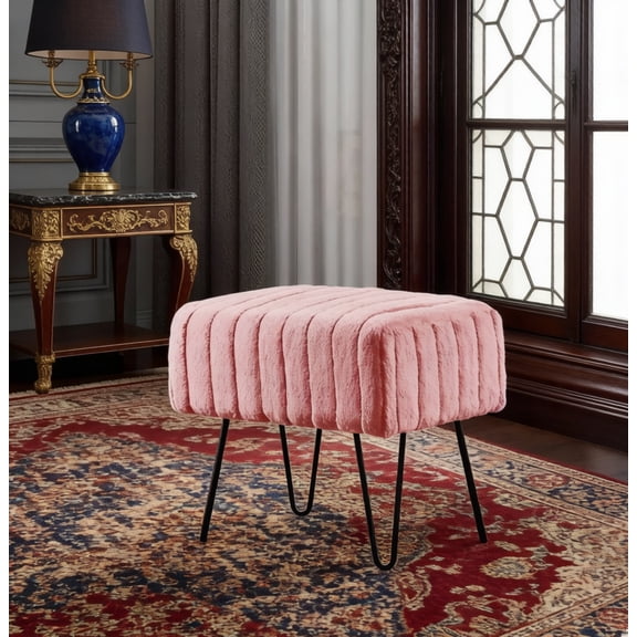 Super Mink Faux Fur Pink Ottoman Bench, 19"x13"x17", Rose Smoke, Living Room Foot Rest Stool, Entryway Makeup Bench, End of Bed Bedroom Home Decor Chair