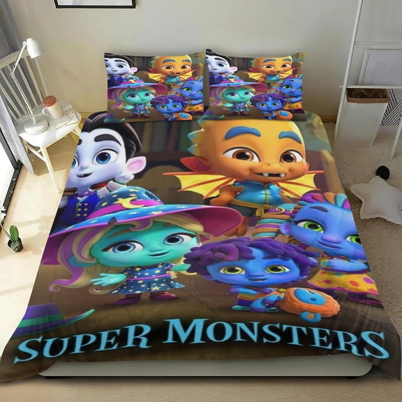 Super Monster Themed Bed Sheet Set Three Piece Set 53x79 In ches Comfortable And Skin Friendly Unique Design Creating A Star Studded Night Home Decor Gifts For Family Friends fans
