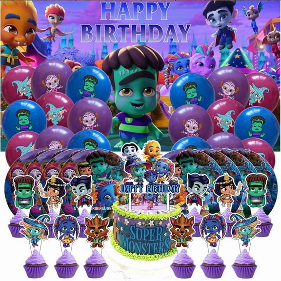 Super Monster Birthday Party Supplies Balloons Paper Plates Decoration Cake Topper Decor Tableware Banner Backdrop
