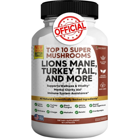 Super Mushrooms 10-in-1 Supplement – Lion’s Mane, Turkey Tail, Chaga, Reishi, Cordyceps & More - 60 Capsules (1)