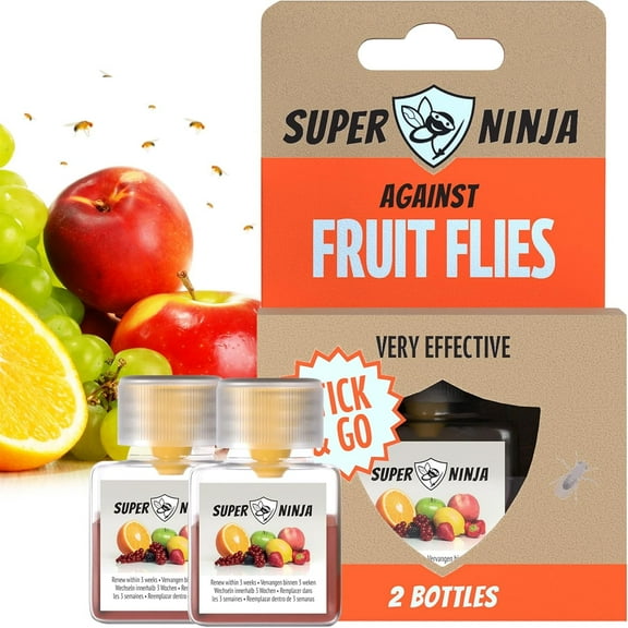 Super Ninja Fruit Fly Killer - 2 Pack - Environmentally Responsible Highly Effective Ecological Traps Indoor - User Friendly - Up to 3 Weeks per Bottle