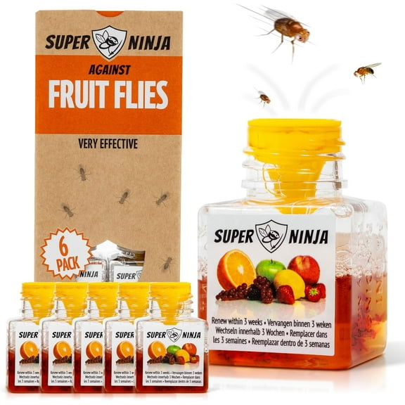 Super Ninja Fruit Fly Trap - 6 Traps - Highly Effective Ecological Fruit Fly Traps Indoor - Environmentally Responsible Fruit Fly Killer - User Friendly - Up to 3 Weeks per Bottle