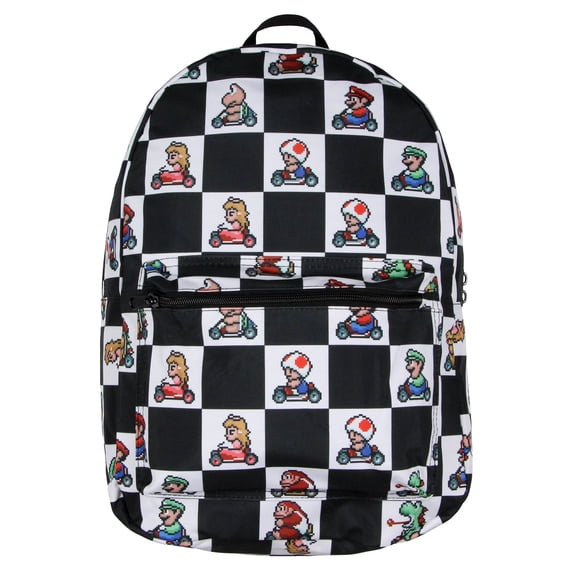Super Nintendo Mario Kart 8-Bit Character Checkered Travel Laptop Backpack 17"