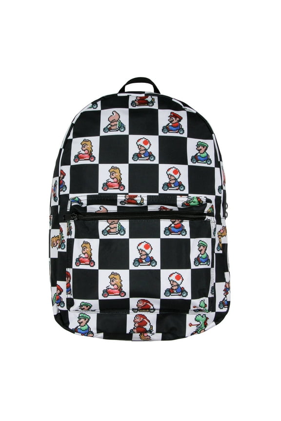 Super Nintendo Mario Kart 8-Bit Character Checkered Travel Laptop Backpack 17"