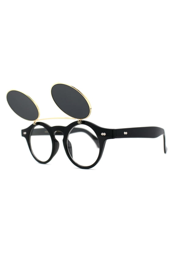 Super Normcore Cool Hipster Flip Up Keyhole Round Sunglasses Black Gold