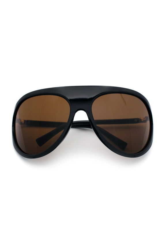 Super Oversized Wrap Around Curved Goggle Style Round Racer Sunglasses Black - Brown