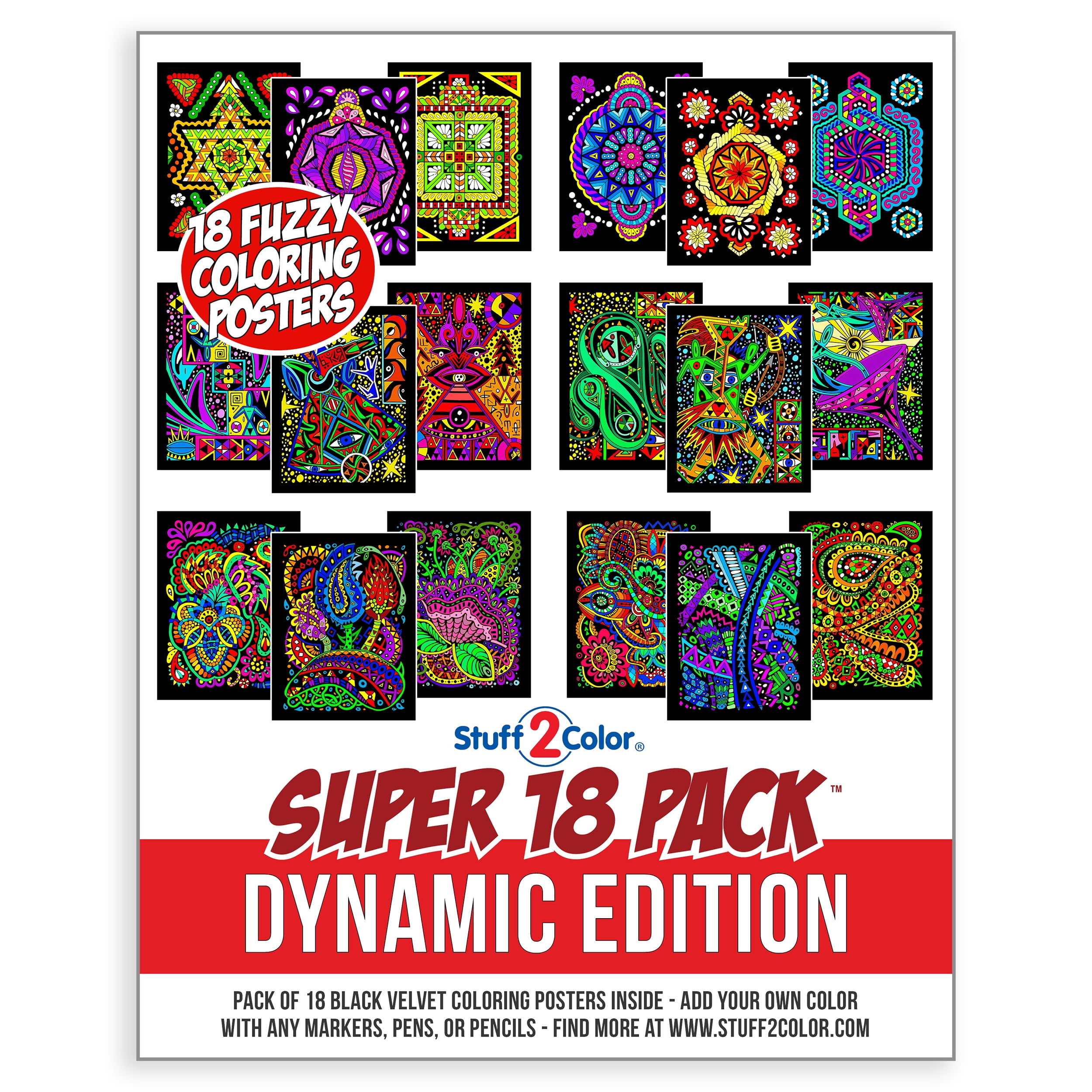 Super Pack of 18 Fuzzy Velvet Coloring Posters (Dynamic Edition)