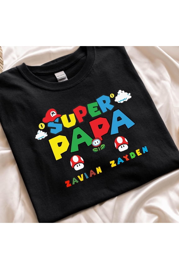 Super Papa Shirt Personalisiert Mit Kindernamen – Lustiges Retro Gamer T-Shirt – Vatertagsgeschenk Für Papa – Geschenk Von Kindern
