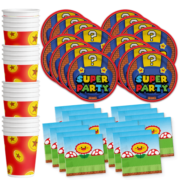 Super Party with Mario Birthday Party Supplies Set Plates Napkins Cups Tableware Kit for 16