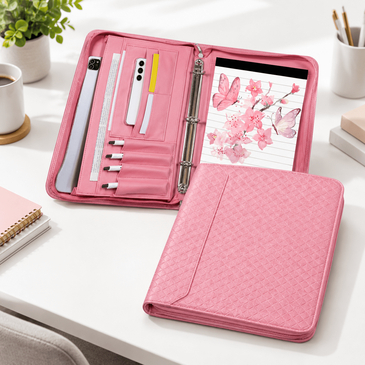 Super Pink Vegan Leather 3-Ring Zipper Binder Portfolio with Laptop ...