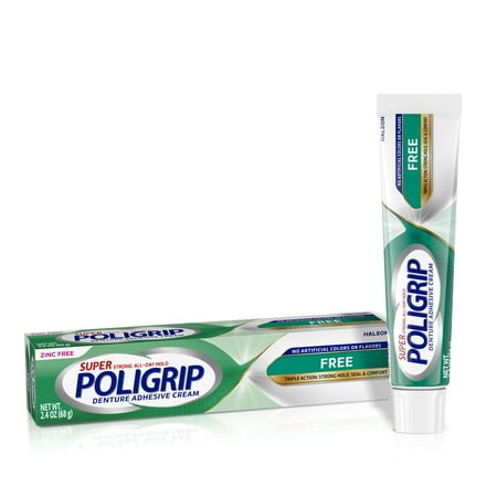 Poligrip Free Denture Adhesive Cream, Strong All-Day Hold, Food Seal, 2.4 Oz