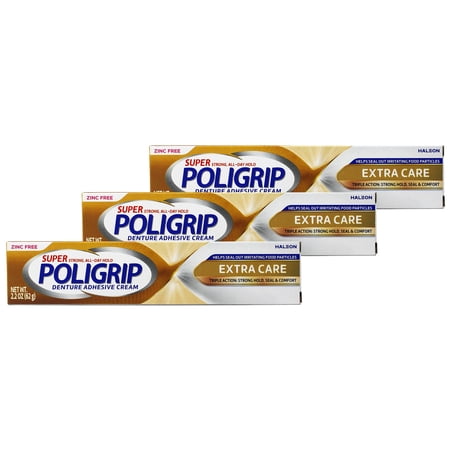 Super Poligrip Denture Adhesive Cream, Extra Care Twin Pack, 2.2 Oz, 3 Pack